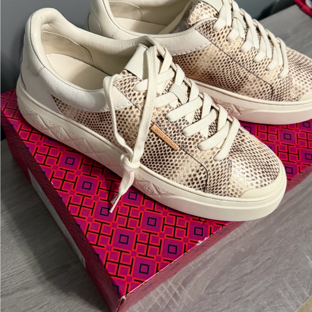 Tory Burch Women's Cream Snake-Print Leather Platform Sneakers